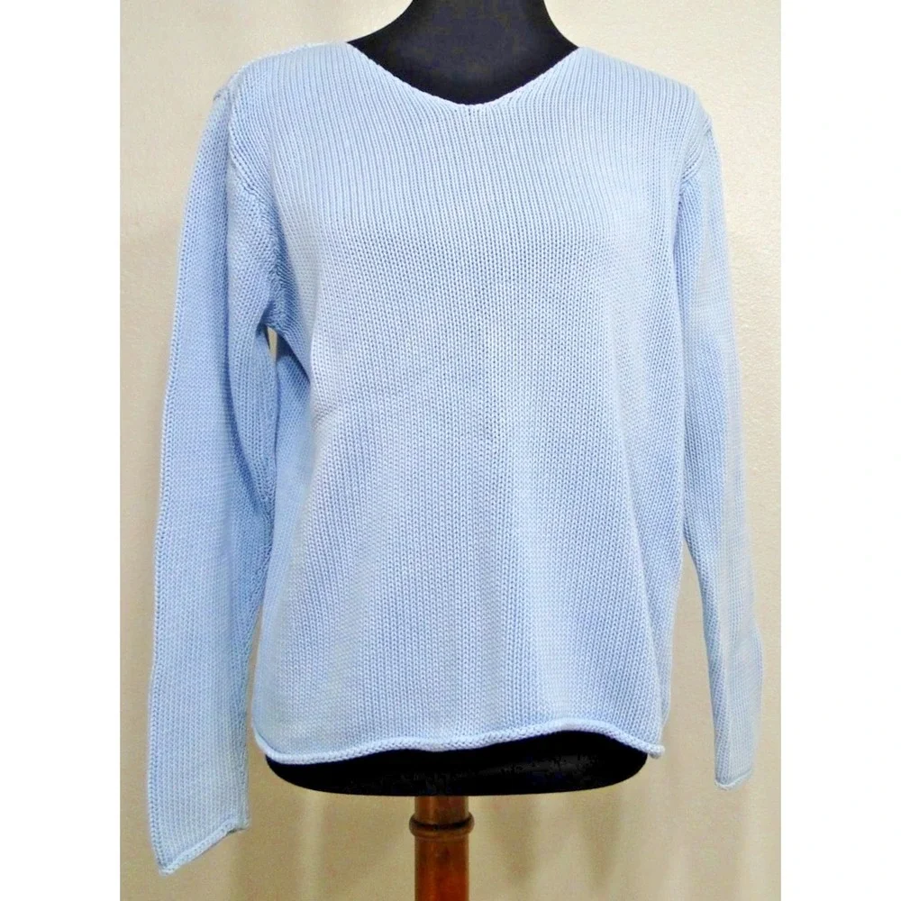 Eileen Fisher Woman Tight Knit Crochet Baby Blue‎ Pullover Sweater Large Petite
